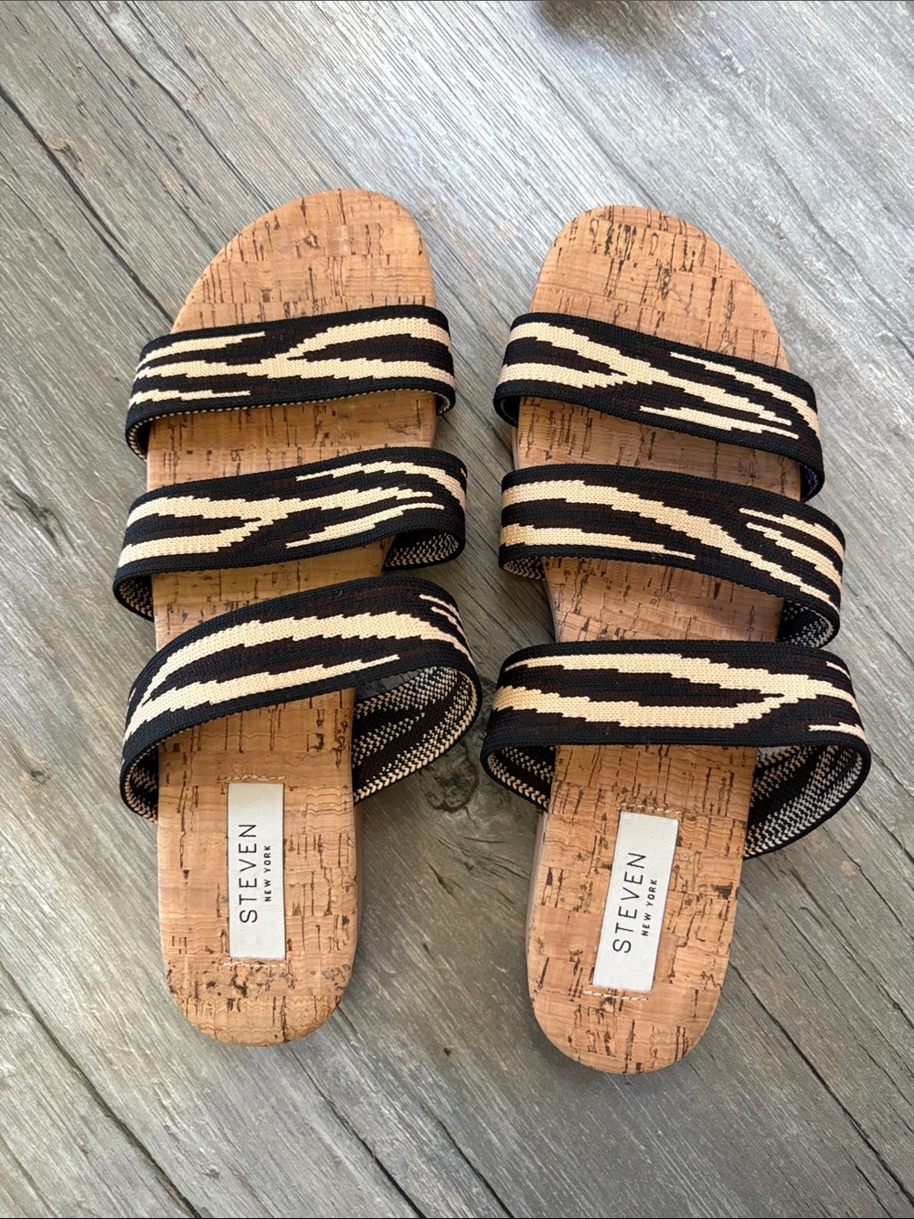 STEVEN by Steve Madden Black and Cream Triple-Strap Cork Slide Sandals